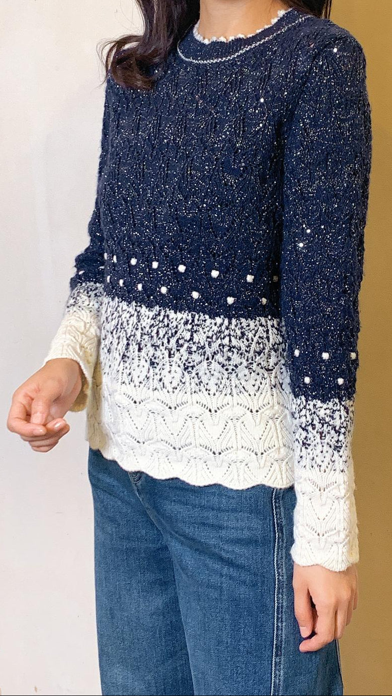 Festive blue x white shimmering scallop neckline top