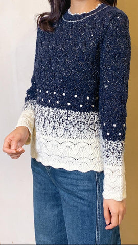 Festive blue x white shimmering scallop neckline top