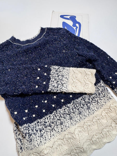 Festive blue x white shimmering scallop neckline top