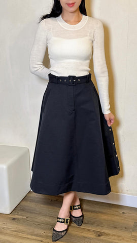 Black polyester A-lined belted maxi skirt