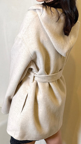 Ivory white cashmere x wool blend hooded belted coat