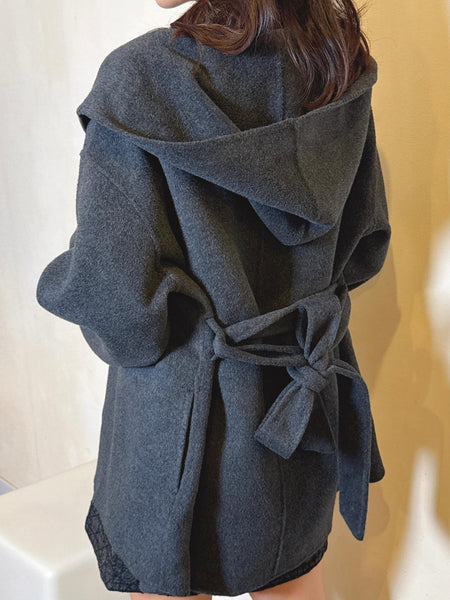 Dark grey cashmere x wool blend hooded belted coat
