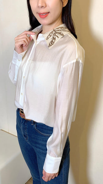 Sheer silk white shirt with embroidered collar