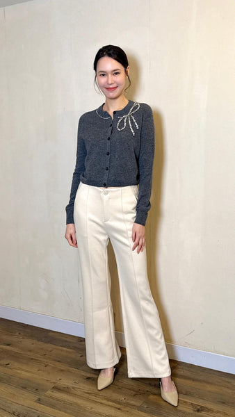 Grey cashmere x wool bejeweled bow cropped cardigan