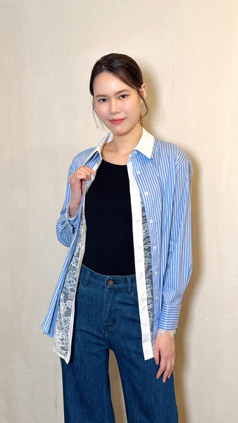 Blue pinstripe 2 in 1 lace shirt