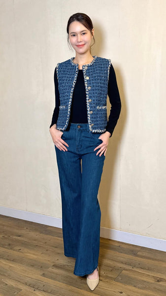 Blue artisan tweed vest with trimming