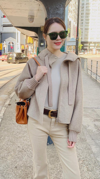 Light khaki pure wool x down hooded jacket