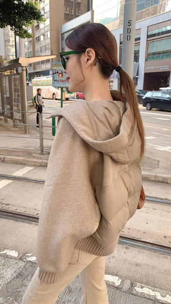 Light khaki pure wool x down hooded jacket