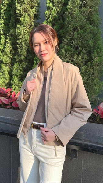 Khaki cotton bomber jacket with detachable scarf