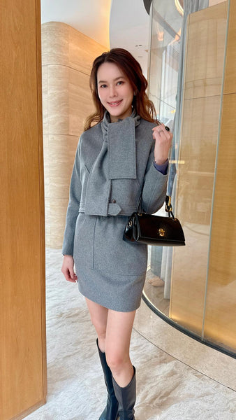 Grey wool cropped jacket with detachable scarf