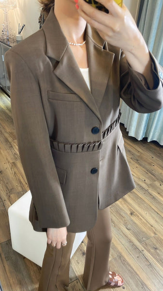 Brown ruffles detailed blazer